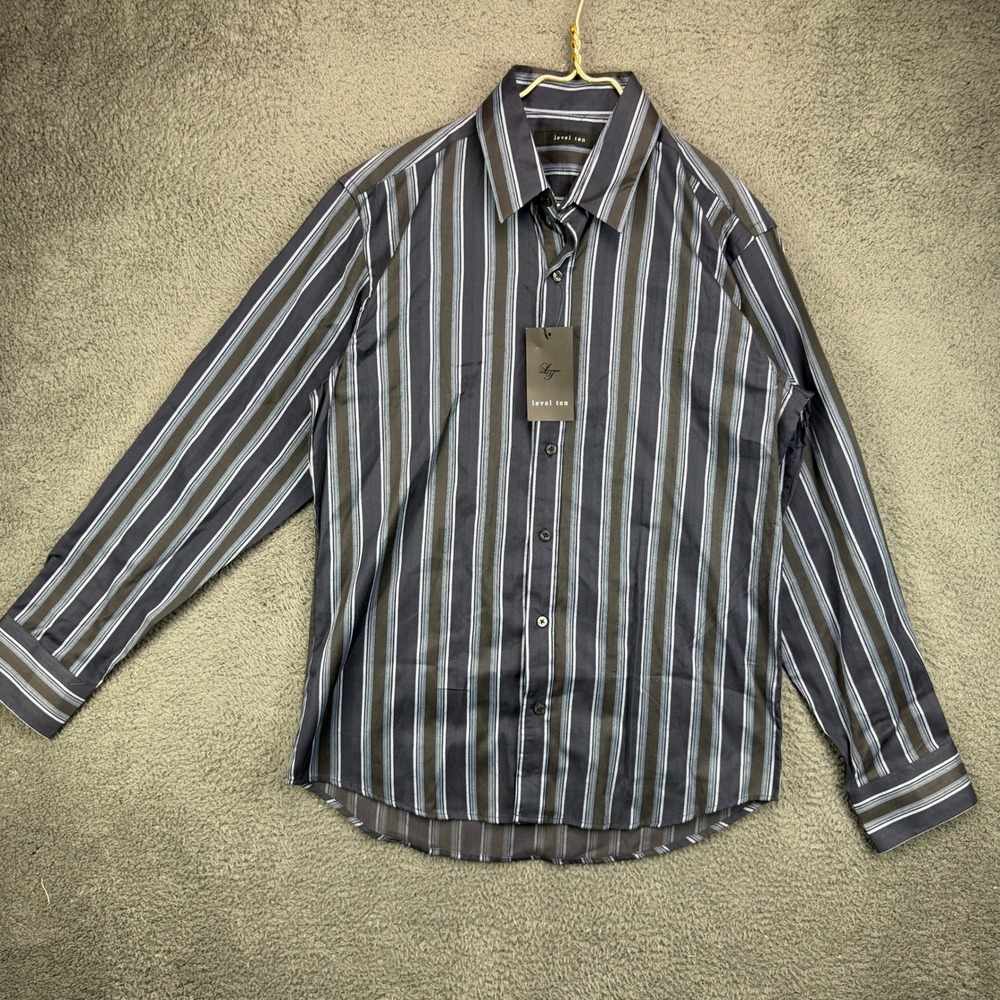 Level Ten Mens Large NWT Striped Long Sleeve Button Down Shirt Black Blue Gray